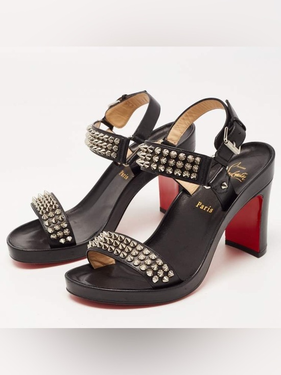 Christian Louboutin Shoes - Christian Louboutin Black Leather Block Heel Sandals with Signature Red Soles